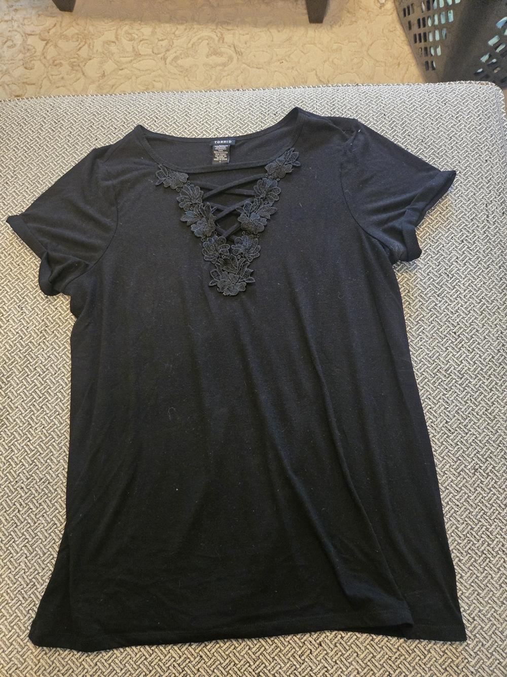 torrid Black Short Sleeve V-Neck Top with Lace Floral Crisscross